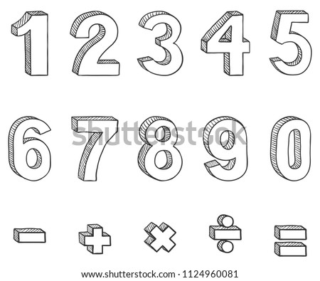 Vector Set of Doodle Sketch Figures and Mathematical Signs. Hand Drawn Arabic Figures From One till Nine.