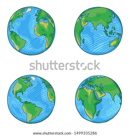 Vector Set of Cartoon Globe Illustrations. 4 different Foreshortening of Earth Planet.