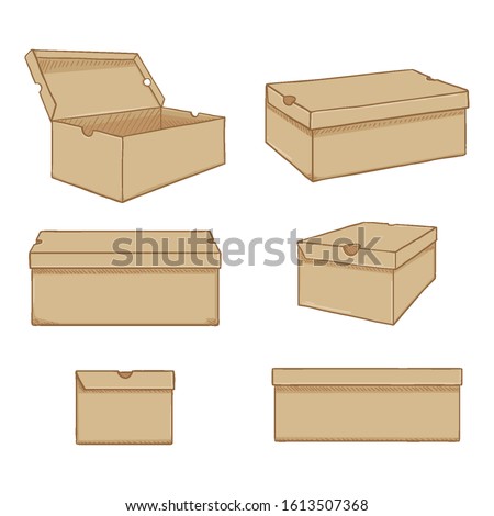 Vector Set of Cartoon Brown Shoe Boxes Illustration. Different Views Variations