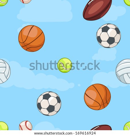 vector seamless pattern of sport balls on sky background