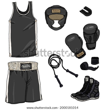 Vector Set of Cartoon Boxing Equipment. Helmet, Uniform, Gloves, Hand Wrapes, Mouthpiece and Shoes