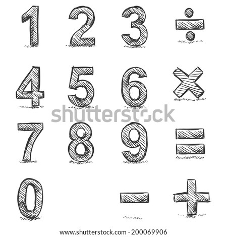 Vector Set of Sketch Figures. 1, 2, 3, 4, 5, 6, 7, 8, 9, 0. Mathematical sings - addition, subtraction, division, multiplication, equality.