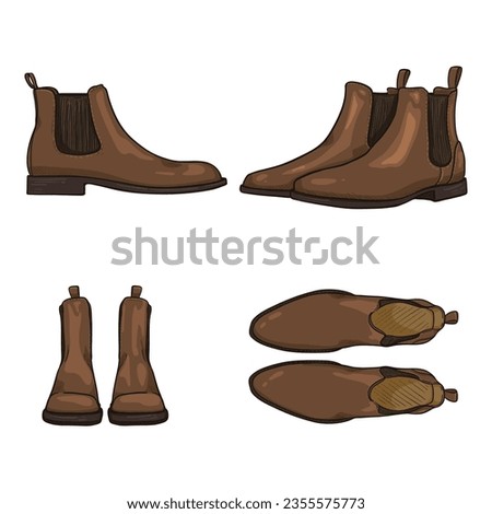 Vector Set of Cartoon Brown Suede Classic Shoes. Chelsea Boots Different Views.