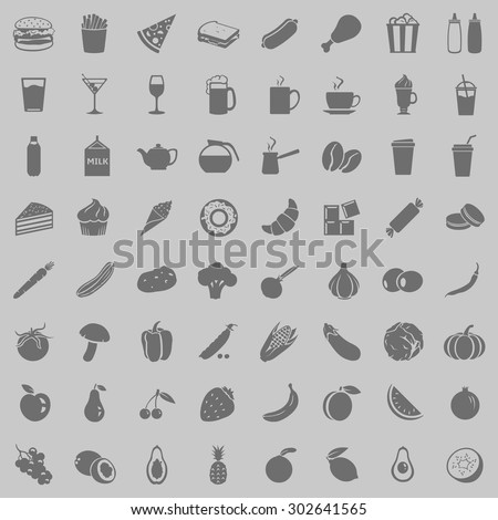 Vector Set of 64 Gray Food Icons. Food and Drinks. Fast Food. Dessert. Vegetables. Fruits. Food sign for Restaurant Menu.
