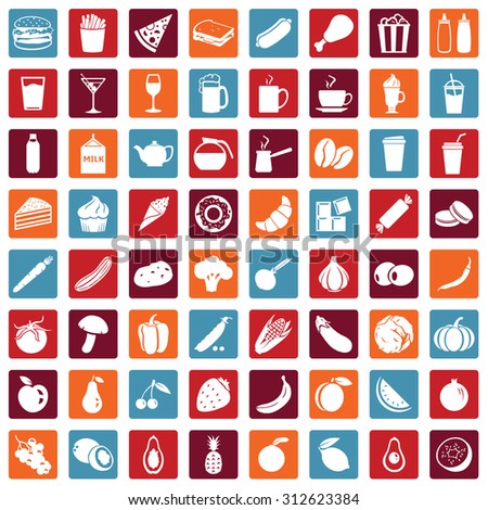 Vector Set of 64 Food Icons. Food and Drinks. Fast Food. Dessert. Vegetables. Fruits. Food sign for Restaurant Menu.
