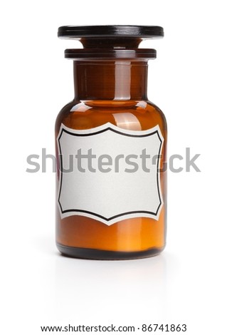 Glass chemistry bottle with blank label and white chemical material inside