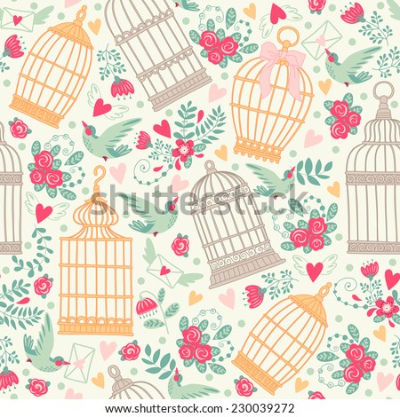 Seamless pattern with birdcages, flowers and birds.
