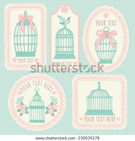 Set with vintage labels and postcards. Vintage bird cages.