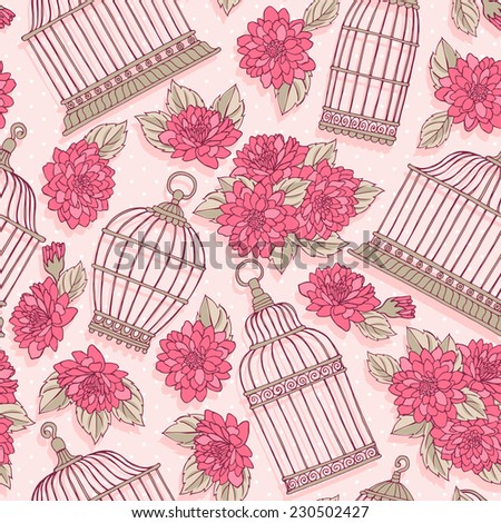 Seamless pattern with flowers and bird cages. Chrysanthemums.