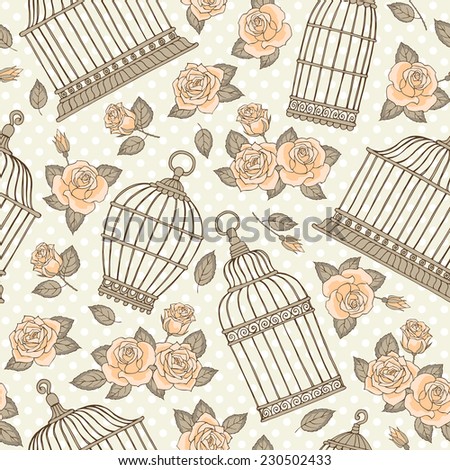 Seamless pattern with flowers and bird cages. Roses.