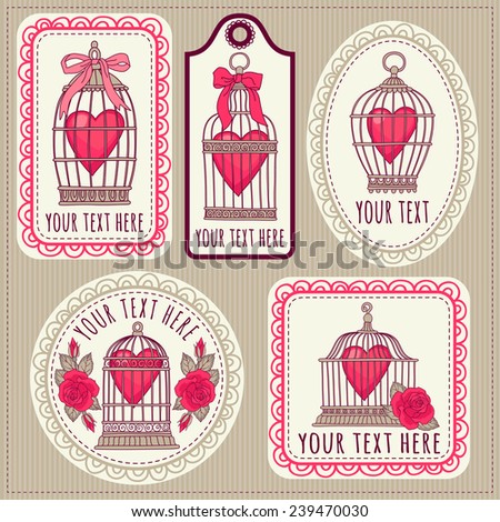 Set with vintage labels and postcards. Vintage bird cages. Valentine'S Day.