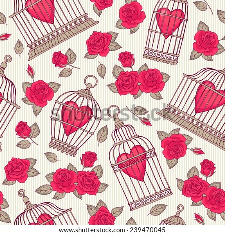 Seamless pattern with flowers and bird cages. Roses and hearts.