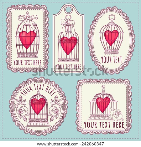 Set with vintage labels and postcards. Vintage bird cages. Valentine'S Day.