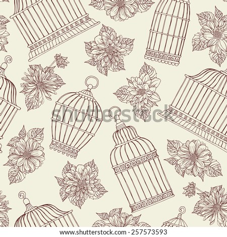 Seamless pattern with flowers and bird cages. Dahlias.