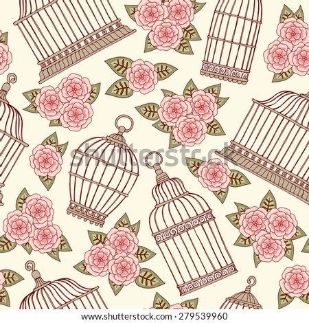 Seamless pattern with flowers and bird cages. 