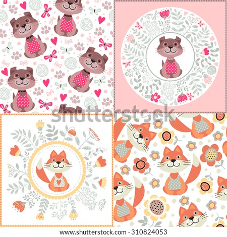 Set of templates of cards and seamless patterns with animals. Dog. Fox.