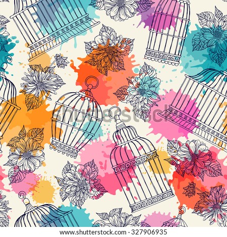 Seamless pattern with flowers and bird cages. Dahlias. Freehand drawing.