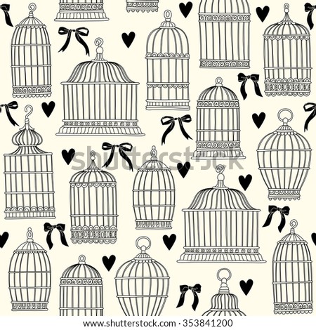 Seamless pattern with birdcages. Freehand drawing. Black and white.