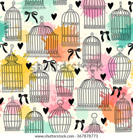 Seamless pattern with birdcages. Freehand drawing.
