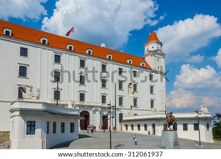 BRATISLAVA, SLOVAKIA- MAY 1: Bratislava castle on bright sunny day on May 1, 2014. The massive rectangular building with four corner towers stands on a rocky hill in capital of Slovakia.