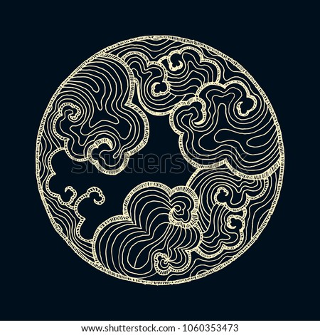 hand drawn asian circle pattern with clouds in ivory and black