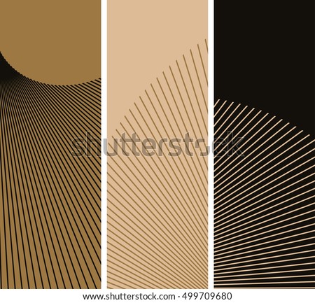 set of three vertical bookmarks with graphic spread of straight lines in gold and black shades