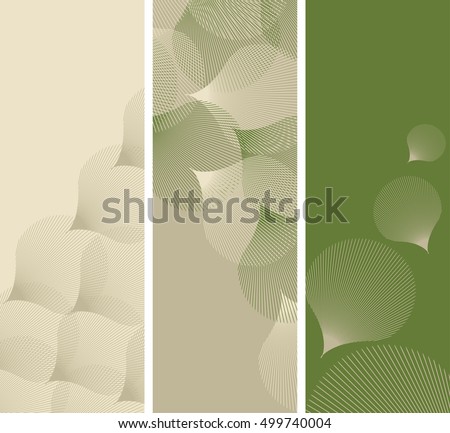 set of three vertical bookmarks with graphic petals patterns in green and ivory shades