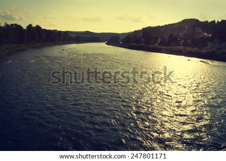 Sunset over Dunajec River (Slovakia and Poland border) - vintage effect