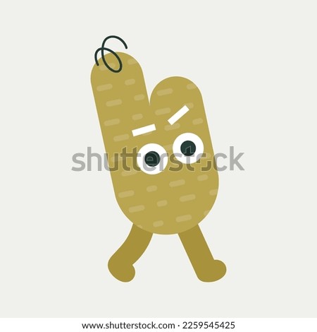 Anthropomorphic avatar, colorful toy little man. Flat icon, ocher color dotted line, goes to the right. Emoji character, cute creature, colored shape. Isolated on white
