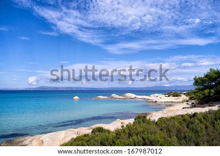 Rocky coast with exotic water and little sandy gulfs, in Sithonia, Chalkidiki, Greece