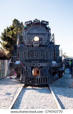 BLOOMINGTON, CA - FEB 1, 2014: Union Pacific\'s Big Boy 4014 Steam Locomotive is on display before its move to Cheyenne, WY for restoration. This is one of the world\'s largest steam locomotives.