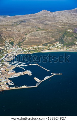 Simonstown aerial view with Naval Base and Yacht Club, Cape Town, South Africa. Vertical orientation.