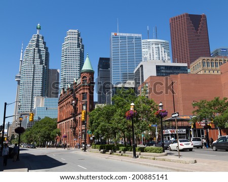 TORONTO, CANADA - 22 JUNE 2014: A view down Front Street East towards Downtown Toronto