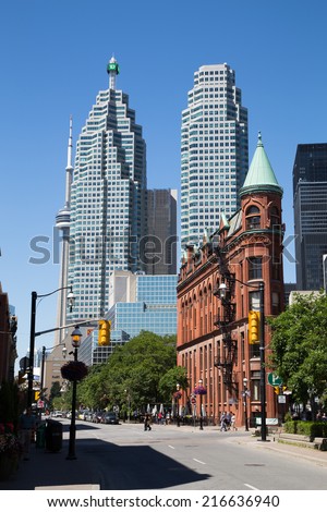 TORONTO, CANADA - 22 JUNE 2014: A view down Front Street East towards Downtown Toronto