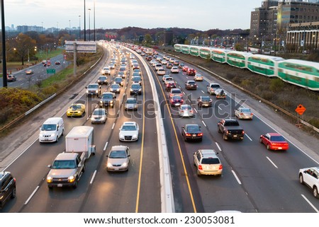 TORONTO, CANADA - 11TH NOVEMBER 2014: A view of traffic on the Gardiner Express at rush hour.