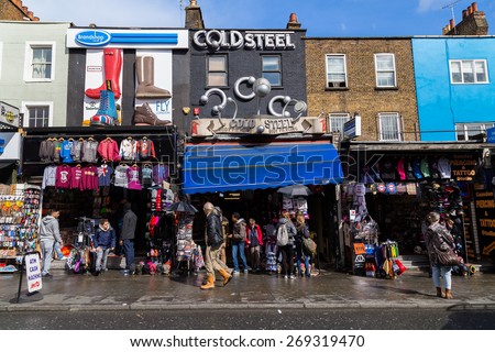 LONDON, UK - 26TH MARCH 2015:  Shops and buildings along Camden High Street in London