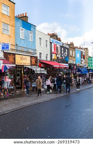 LONDON, UK - 26TH MARCH 2015:  Shops and buildings along Camden High Street in London