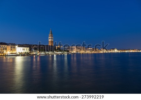 San Marco District Skyline in Venice at night. The  Campanile di San Marco Bell Tower can be seen.