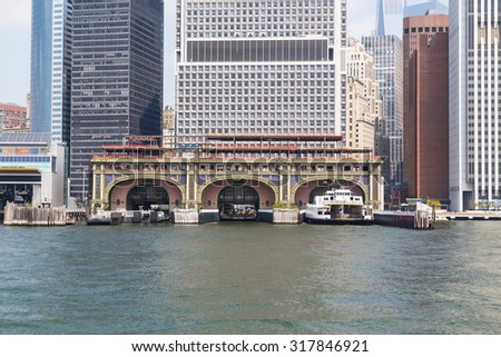NEW YORK CITY, USA - AUGUST 31, 2015: A New York Boat Docking Terminal near the Financial District.