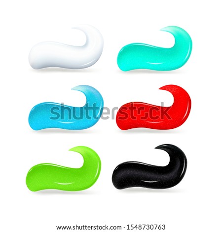 Set of smears of toothpaste, colored paste with sparkles on a white background, vector.