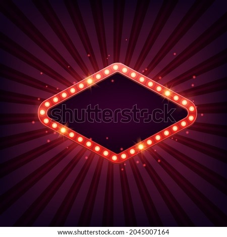 Retro rhombus marquee billboard with electric light lamps, glowing frame, against the background of rays.