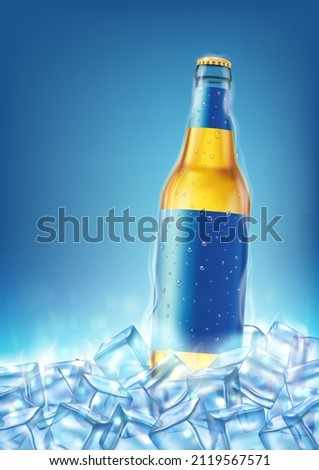 Cold bottle lager beer in ice cubes on blue background. Realistic vector, blank template for design. 
