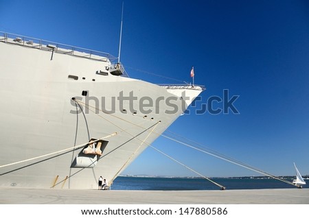 Naval ship docked at the port of Lisbon