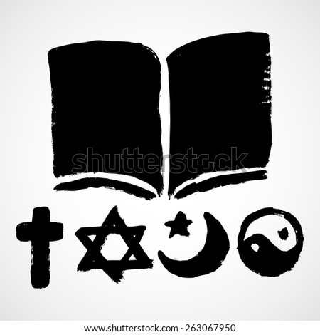 A set of grunge Religious symbols. Black silhouettes isolated on white.