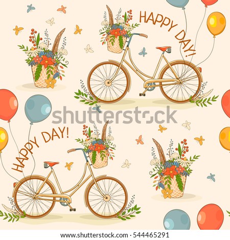 Cute colorful beautiful decorative bicycles seamless pattern with wheels, flowers and balloons and butterflies and basket with flowers. Vector illustration light background, beige.