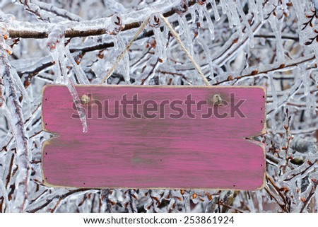 Blank pink wooded sign with ice covered tree branches after ice storm background