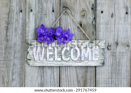 Rustic welcome sign with purple balloon flowers hanging on weathered wooden background