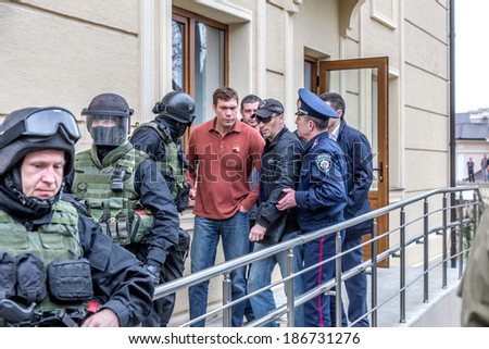 Odessa, Ukraine - April 10 : Special police forces rescued a presidential candidate in 2014 , Oleg Tsarev from attack and blockade of Ukrainian Nazis April 10, 2014 in Odessa, Ukraine
