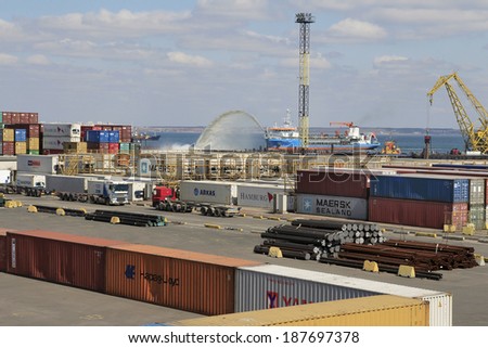 ODESSA, UKRAINE - APRIL 16: maritime cargo port of Odessa . Container terminal . Dredging the harbor fairway , April 16, 2014 Odessa, Ukraine