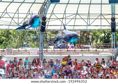 ODESSA, UKRAINE - JUNE 10, 2013: Dolphins on creative entertaining show at dolphinarium with full house of visitors show amazing tricks. Spectators happily delighted June 10, 2013 in Odessa, Ukraine